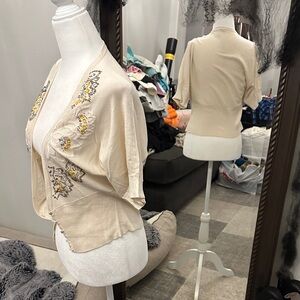 White House Black Market Cream Cardigan with Floral Embroidery